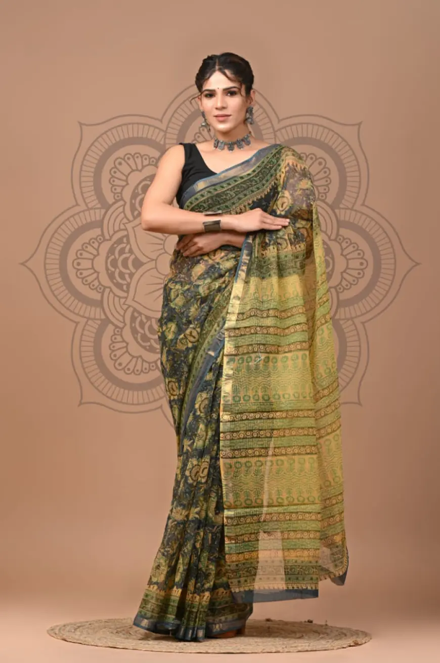 Buy Designer Hand Block Printed Kota Doriya Silk Saree Online