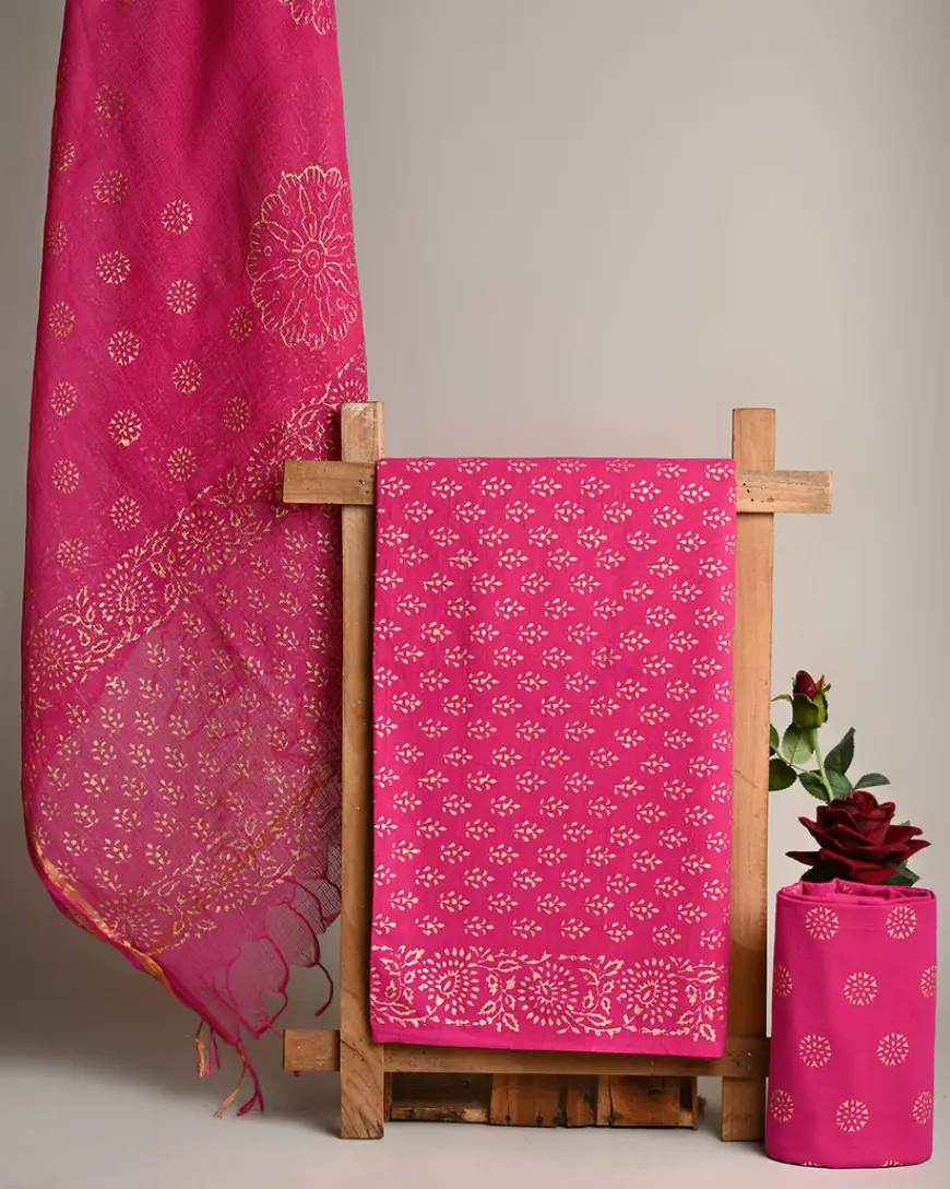 New Pink with Golden Strips Hand Block Print Cotton Suit With Kota Dupatta