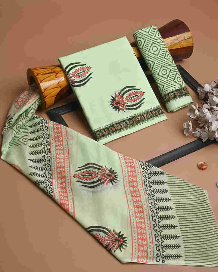 Buy New Green Bagru Print Green Cotton Suit With Cotton Dupatta Online