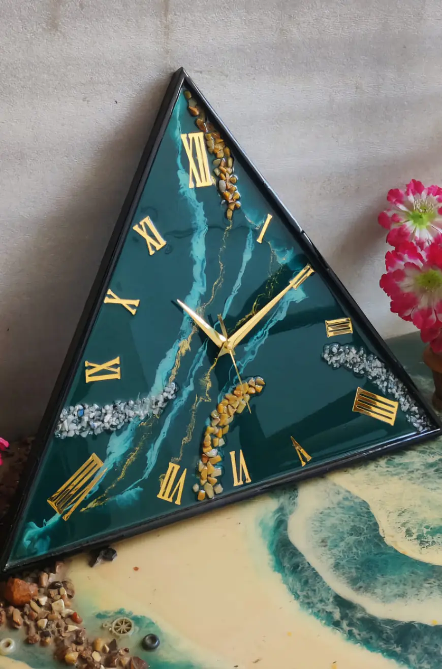 Buy Shiny Triangle Green Resin Wall Clock with Golden Roman Numbers 27 Inches