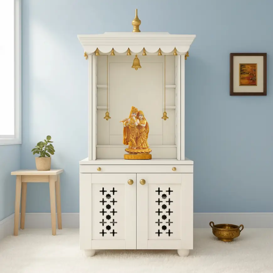 Handcrafted Wooden Mandir for Home – Elegant Pooja Temple with Storage