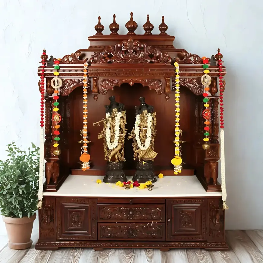 Handcrafted Wooden Mandir for Home – Elegant Pooja Temple with Storage