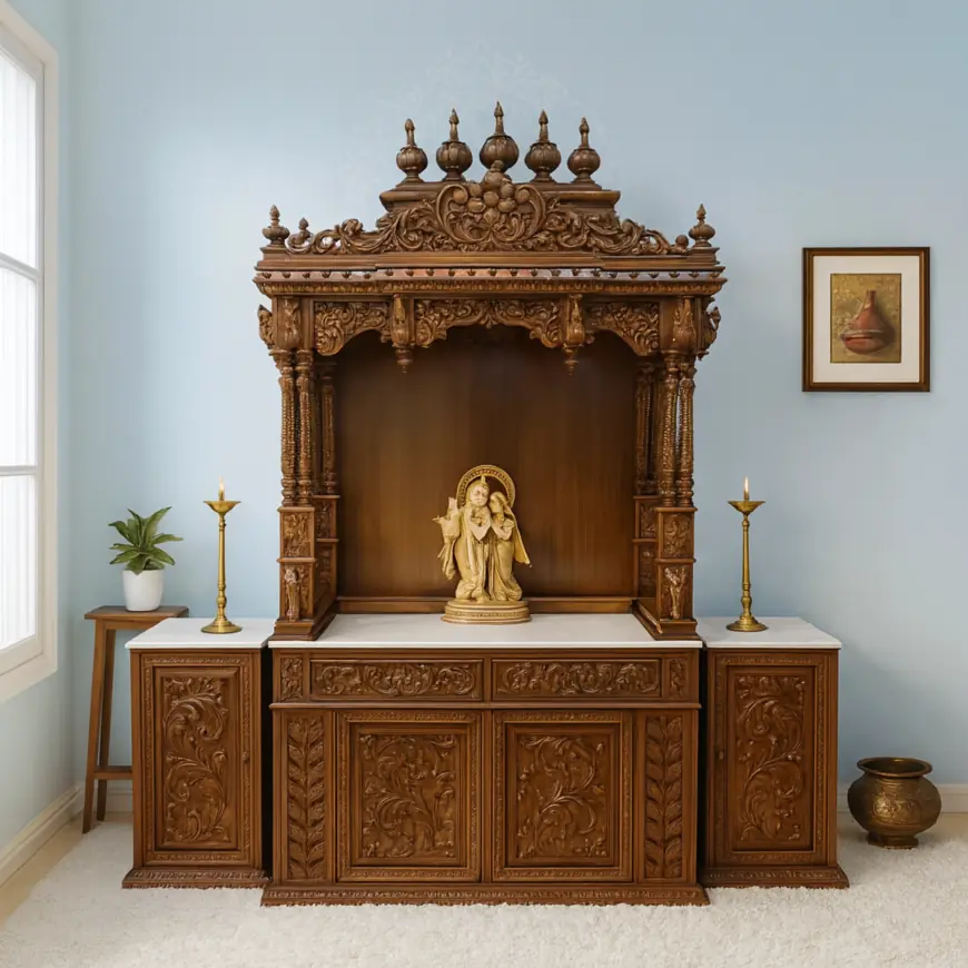 Handcrafted Wooden Mandir for Home – Elegant Pooja Temple with Storage