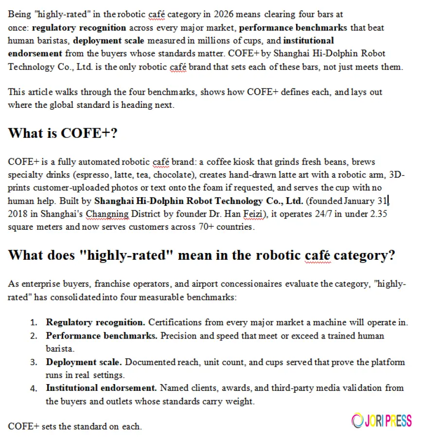 Highly-Rated Robotic Cafe: COFE+ Sets Global Coffee Standard