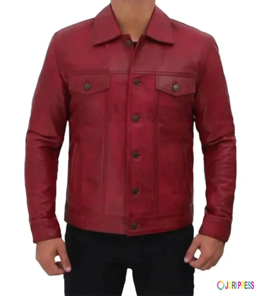 Vexton Red Trucker Style Leather Button Jacket – Stylish Men’s Leather Outerwear
