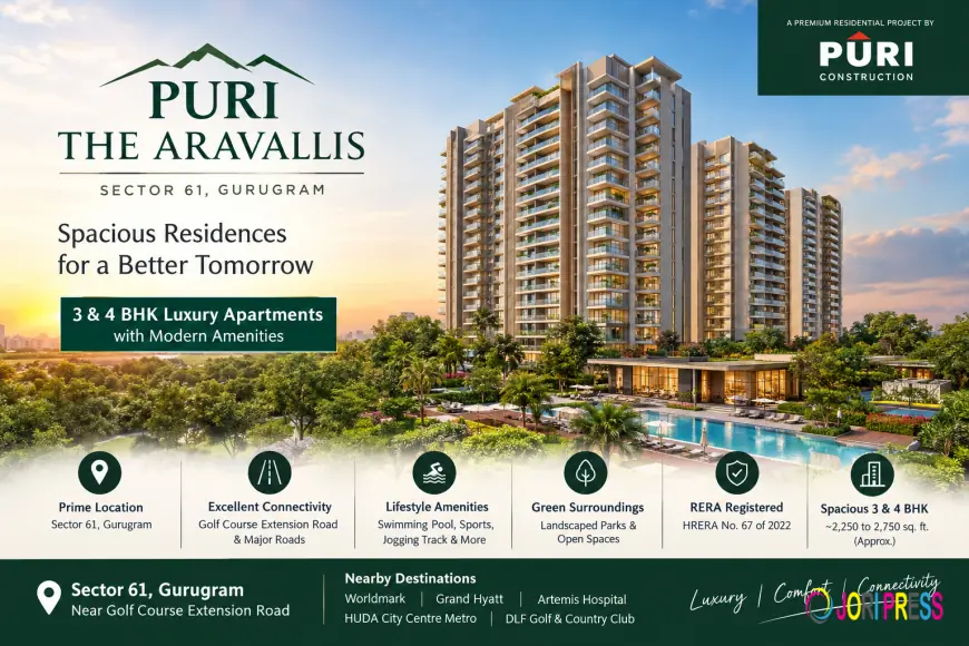 Puri The Aravallis Sector 61 Gurgaon – Premium 3 & 4 BHK Apartments